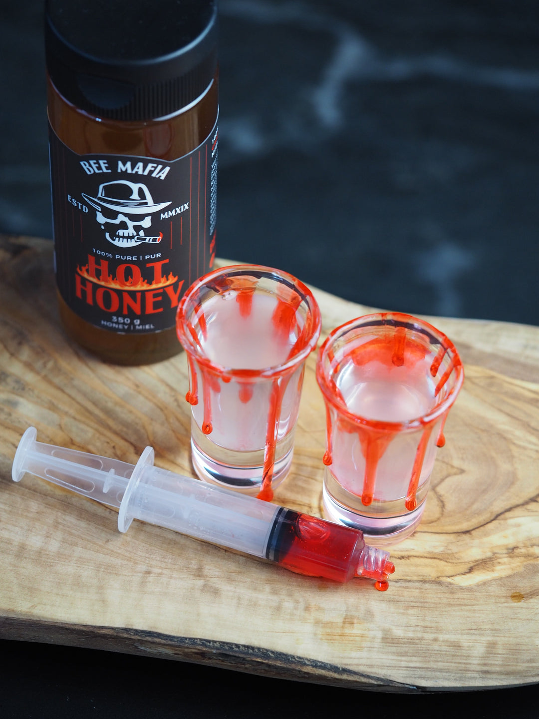 Bloody tequila shots with Bee Mafia Hot Honey for Halloween!