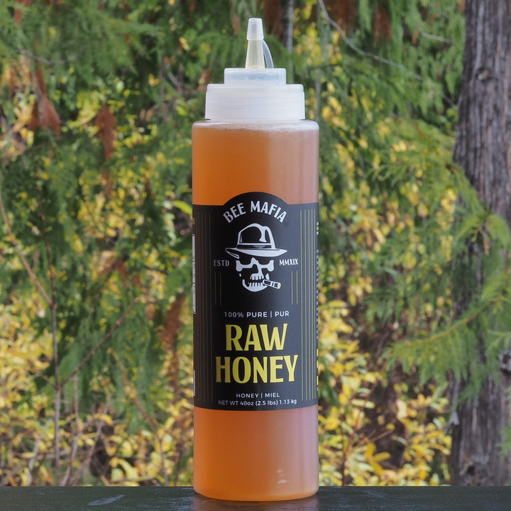 Bottle of bee Mafia Canadian Raw Unpasturized honey in a 40 fl oz chef bottle with trees in the background.