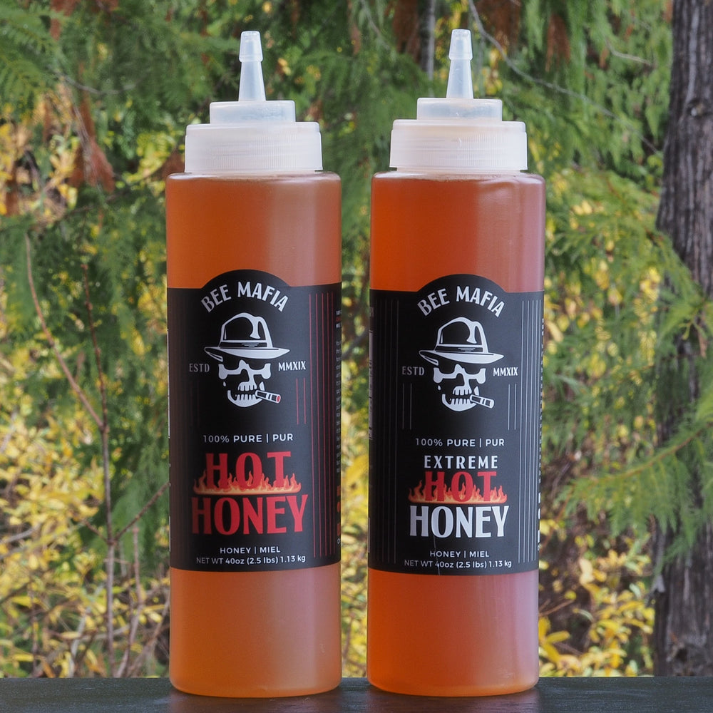 Combination pack of Hot & Extreme Hot Bee Mafia Honey infused and product of Canada.