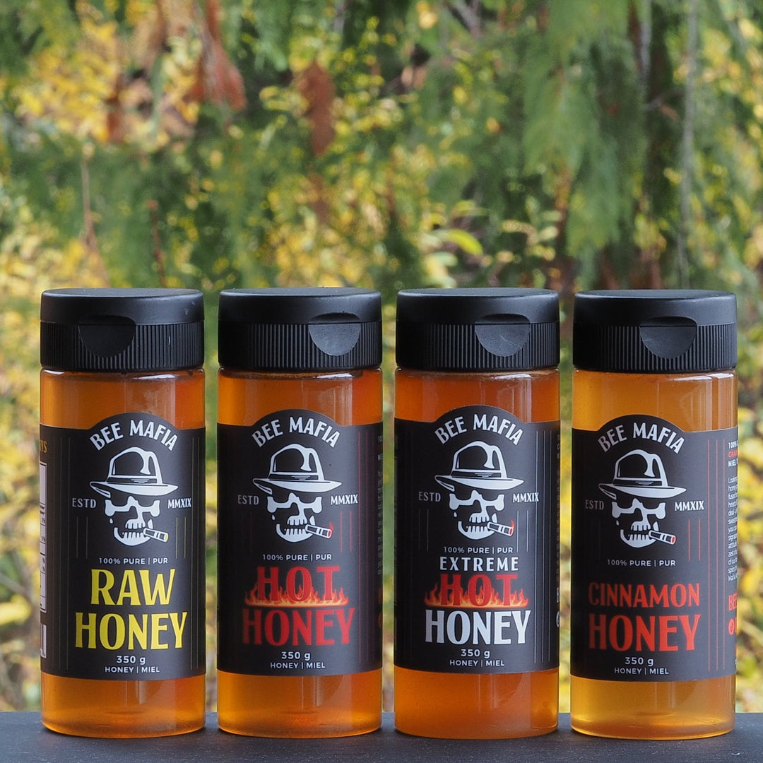 Line up of all flavurs of Bee Mafia Honey