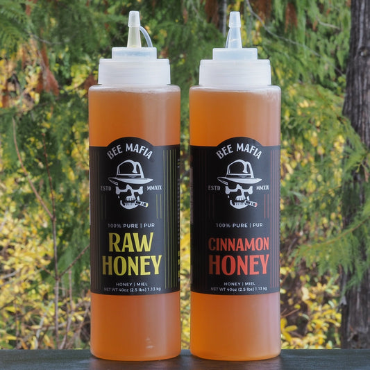 Combination pack of infused honey flavours raw and cinnamon honey Bee Mafia Canada